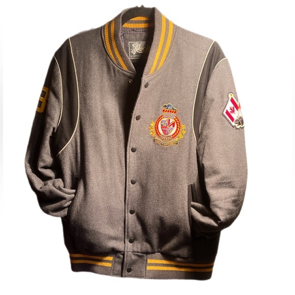 Vintage Roots Varsity wool blend grey yellow trim lined lng sleeve bomber jckt M - Picture 4 of 5